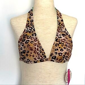 Reversible Halter Tie Bikini Top Junior Sz S Tan Black Animal Print Teal FLAW